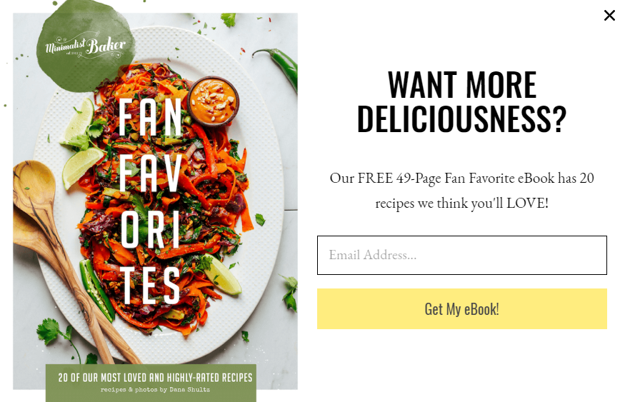 Minimalist Baker use recipe eBook as premium content to attract new subscribers