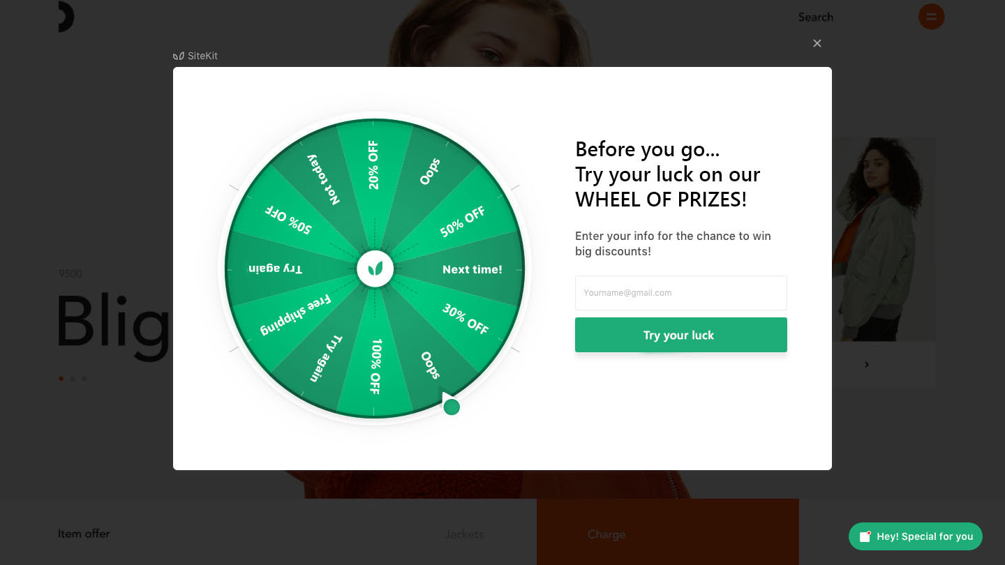 Exit intent popup with win wheel